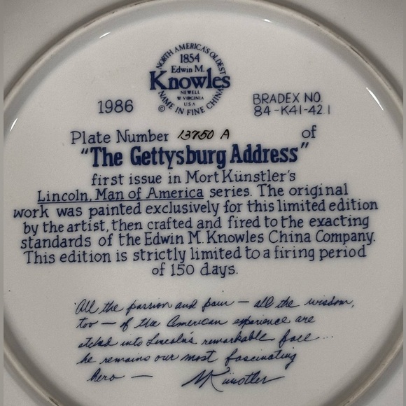 Knowles, "The Gettysburg Address", 1986, Lincoln Man of America Bradex Plate - Picture 2 of 9